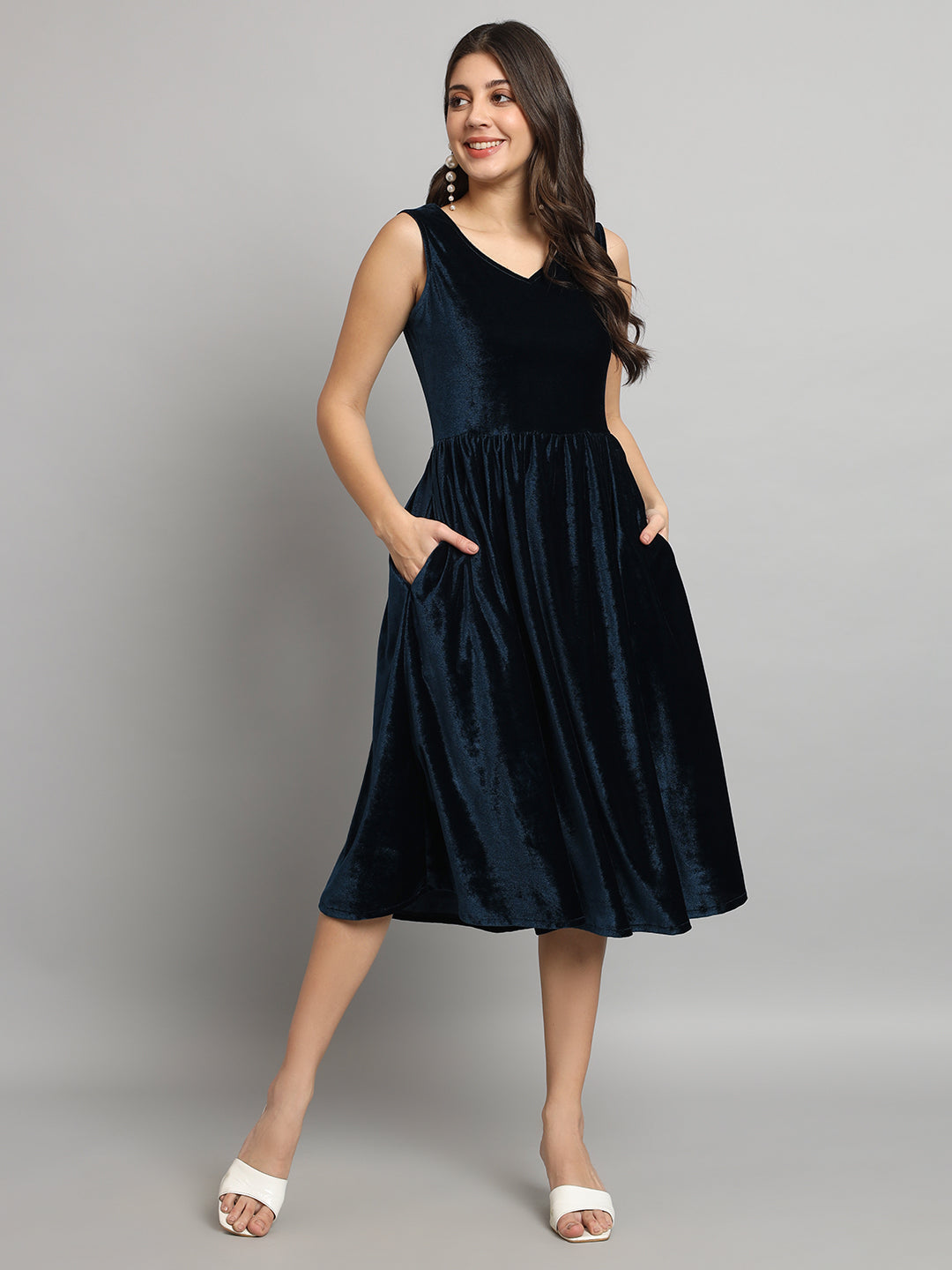 A-Line Velvet V-Neck Tops Sleeveless Party Dress Peacock Blue