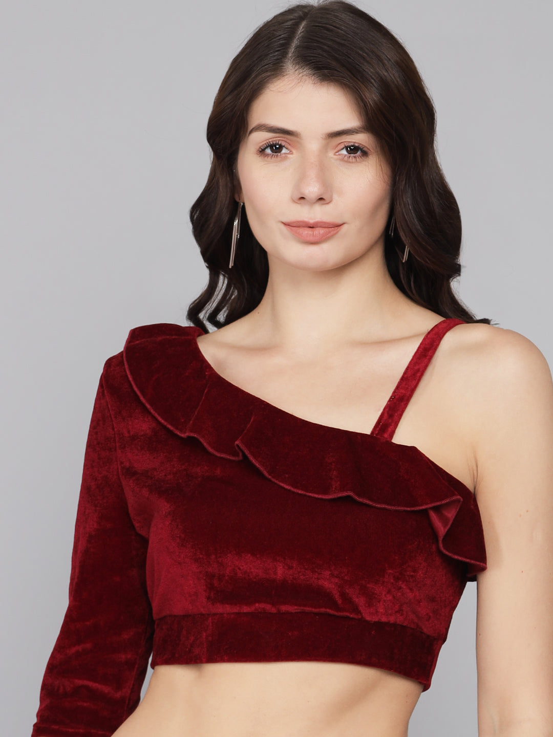 One Off Shoulder Ruffle Styling Blouse Tops Maroon