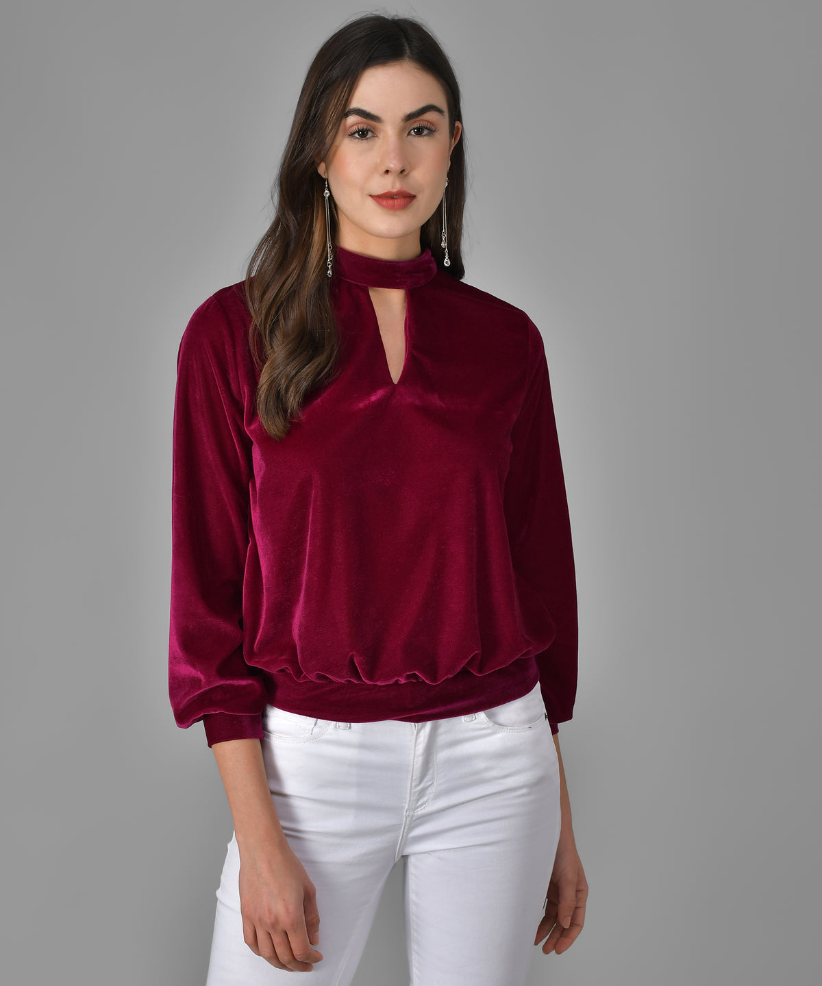 Keyhole Choker Neck Cuffed Sleeves Top Red Wine