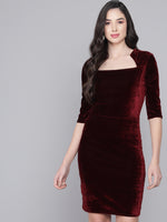 One Piece Bodycon Velvet Party Dress Maroon