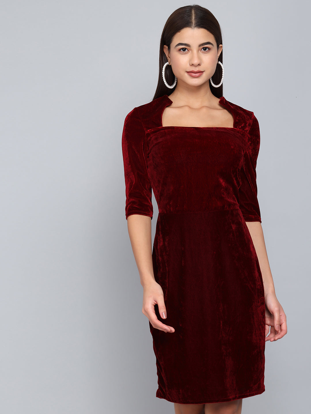 One Piece Bodycon Velvet Party Dress Sporty Maroon