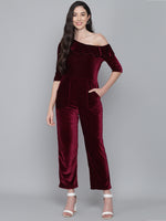 Ruffle Details One Piece One Shoulder Basic Jumpsuit Red Wine