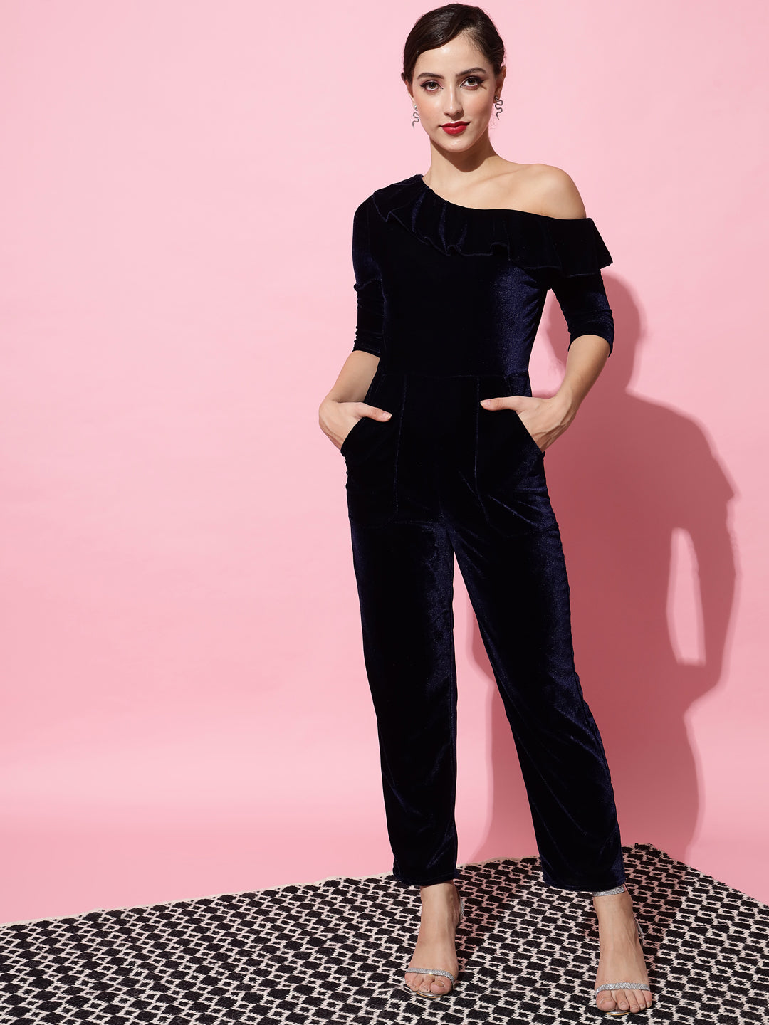 Ruffle Details One Piece One Shoulder Basic Jumpsuit Navy Blue