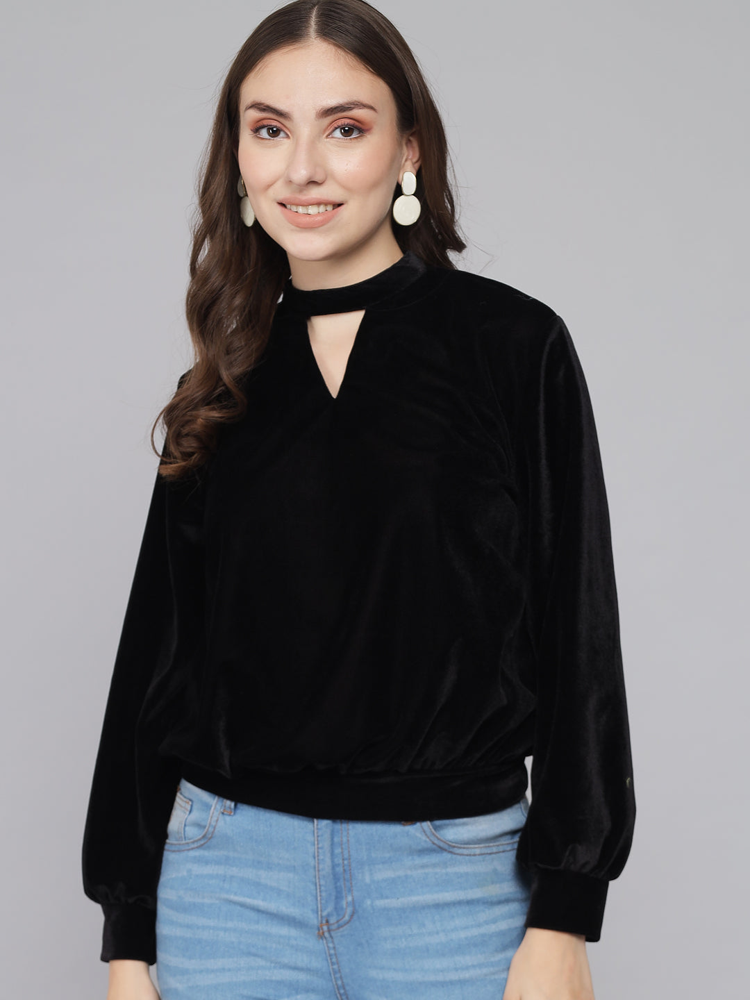 Keyhole Choker Neck Cuffed Sleeves Top Black