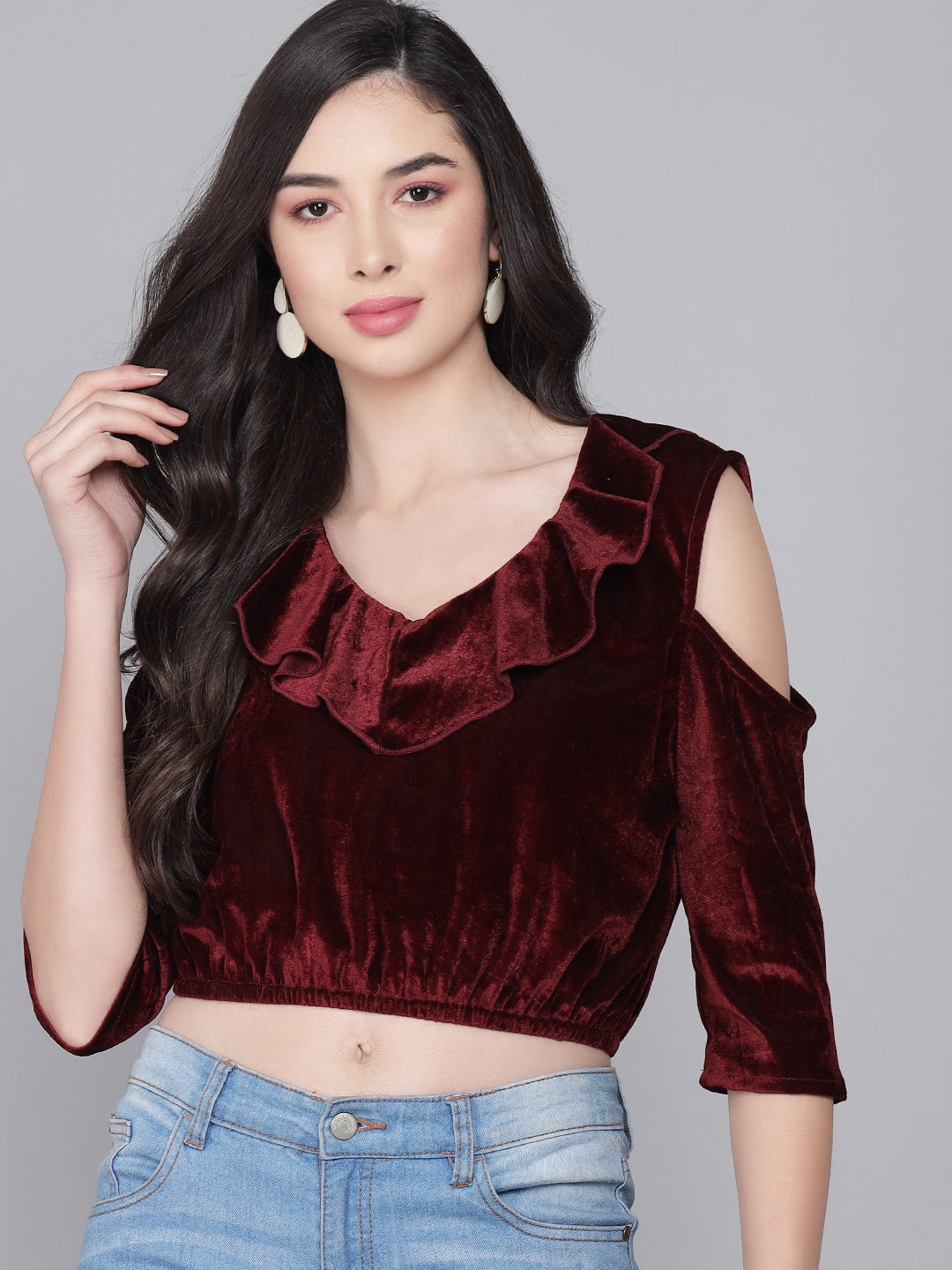 Cold Shoulder Sleeves Velvet Blouse Tops Maroon