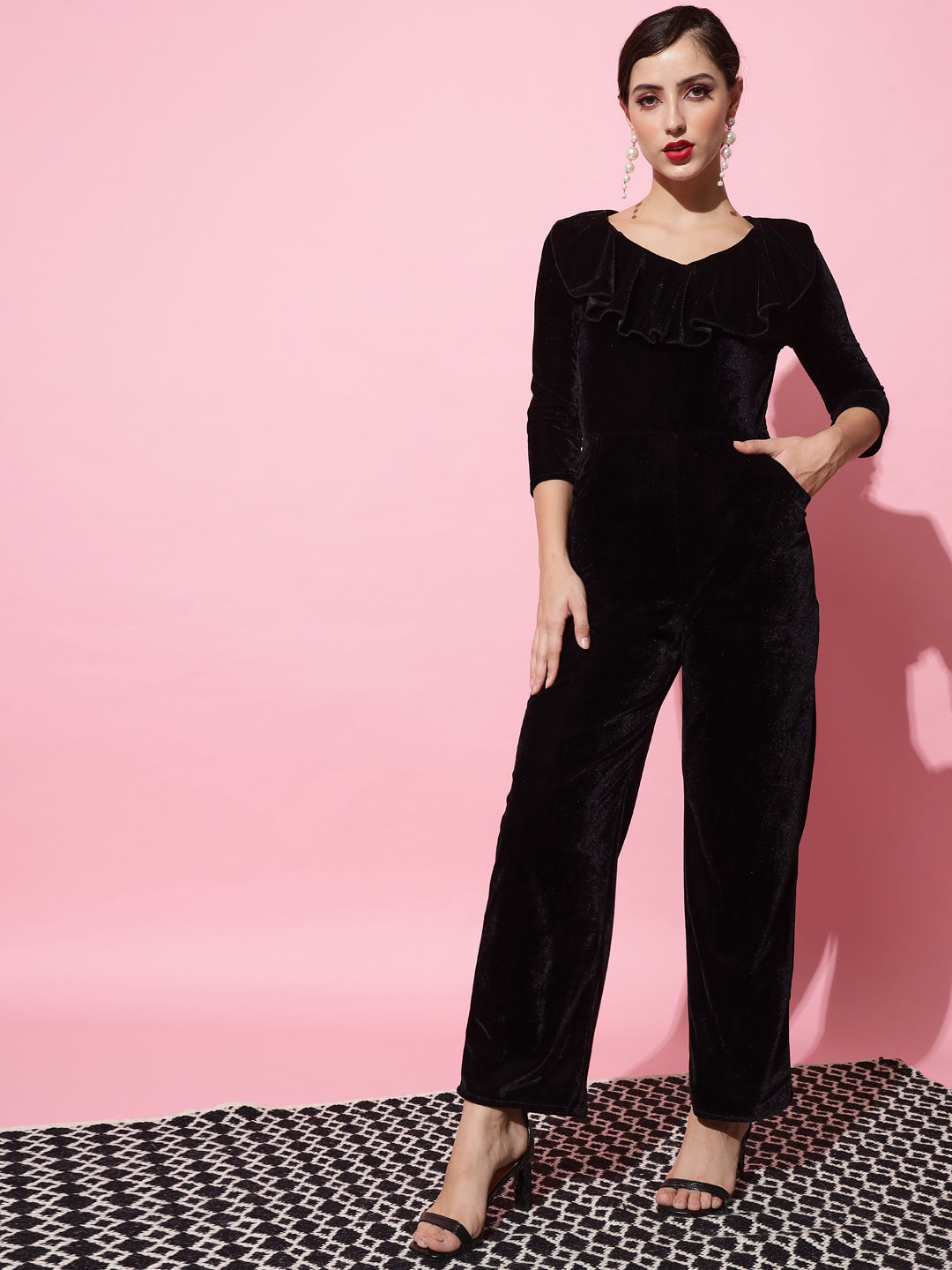 V-Neck Ruffles Details Basic Jumpsuit