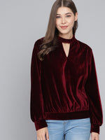 Keyhole Choker Neck Cuffed Sleeves Top Dark Maroon