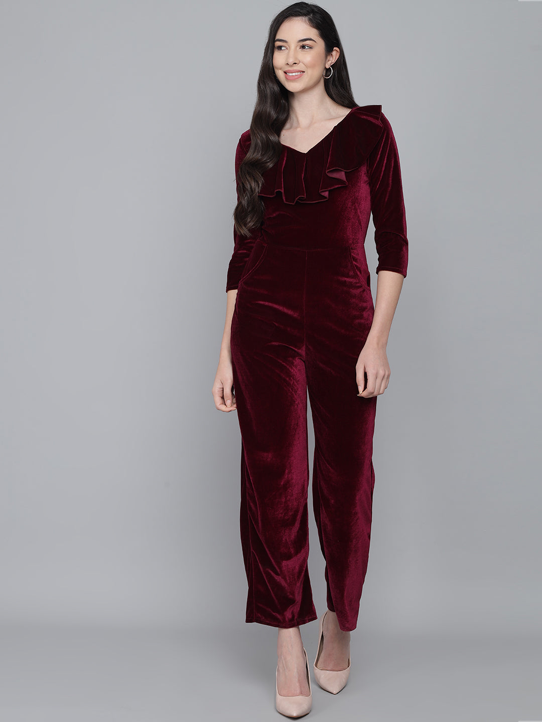 One Piece Half Sleeves Jumpsuit Wine