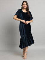 Ruffle Sleeves Fish Cut Velvet Party Dress Peacock Blue