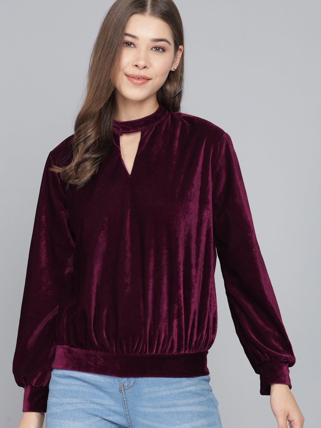 Keyhole Choker Neck Cuffed Sleeves Top Wine