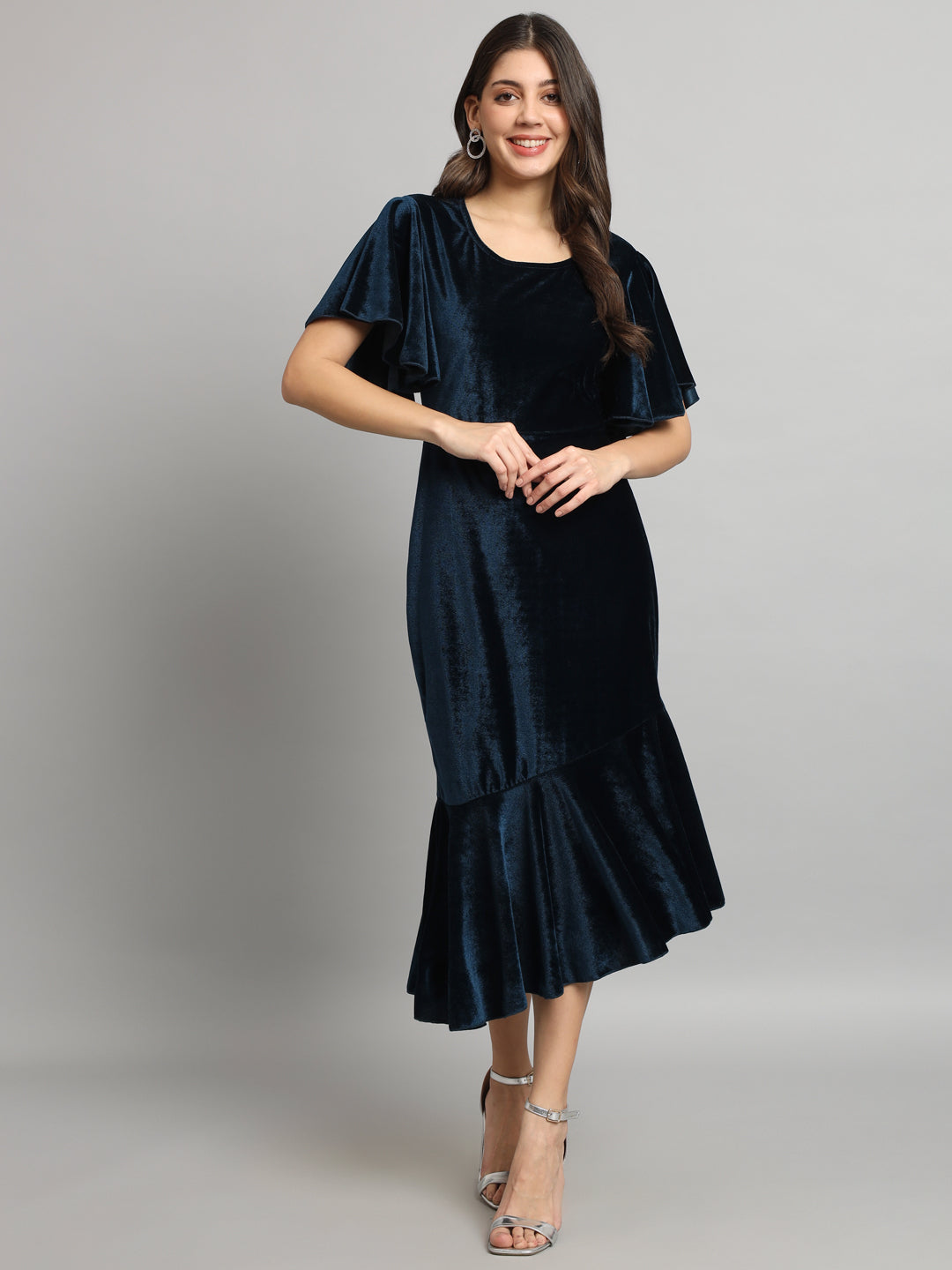 Velvet Fabric Fish Cut Ruffle Bottom Bodycon Party Midi Dress Peacock Blue