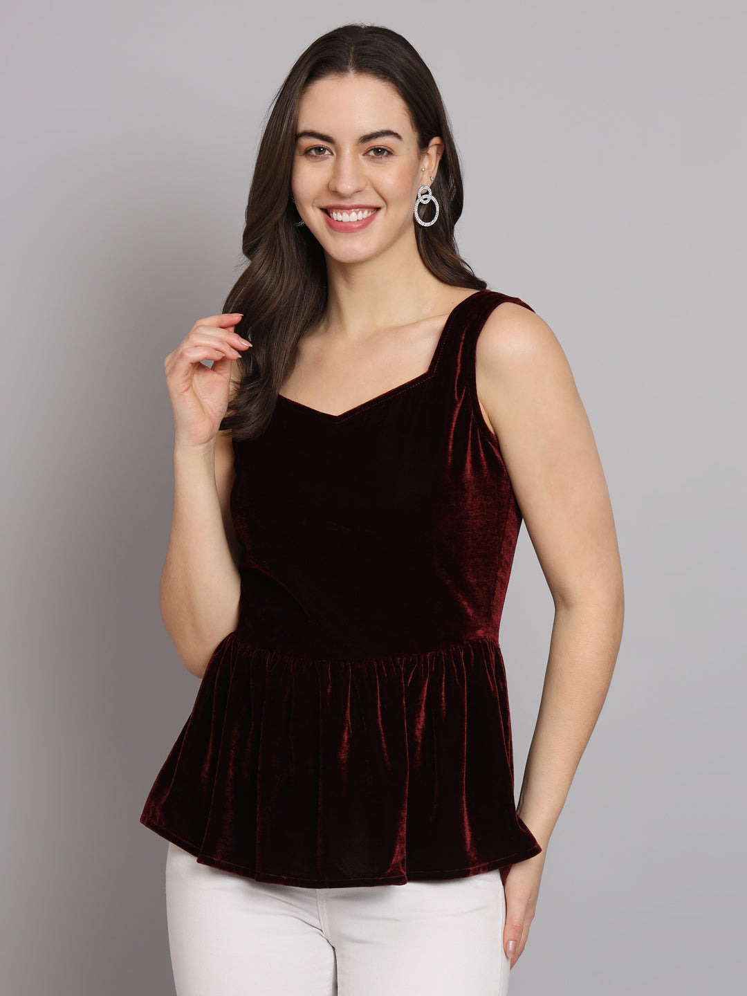 Waistline Ruffle Sleeveless Party Top Maroon