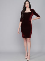 One Piece Bodycon Velvet Party Dress Maroon