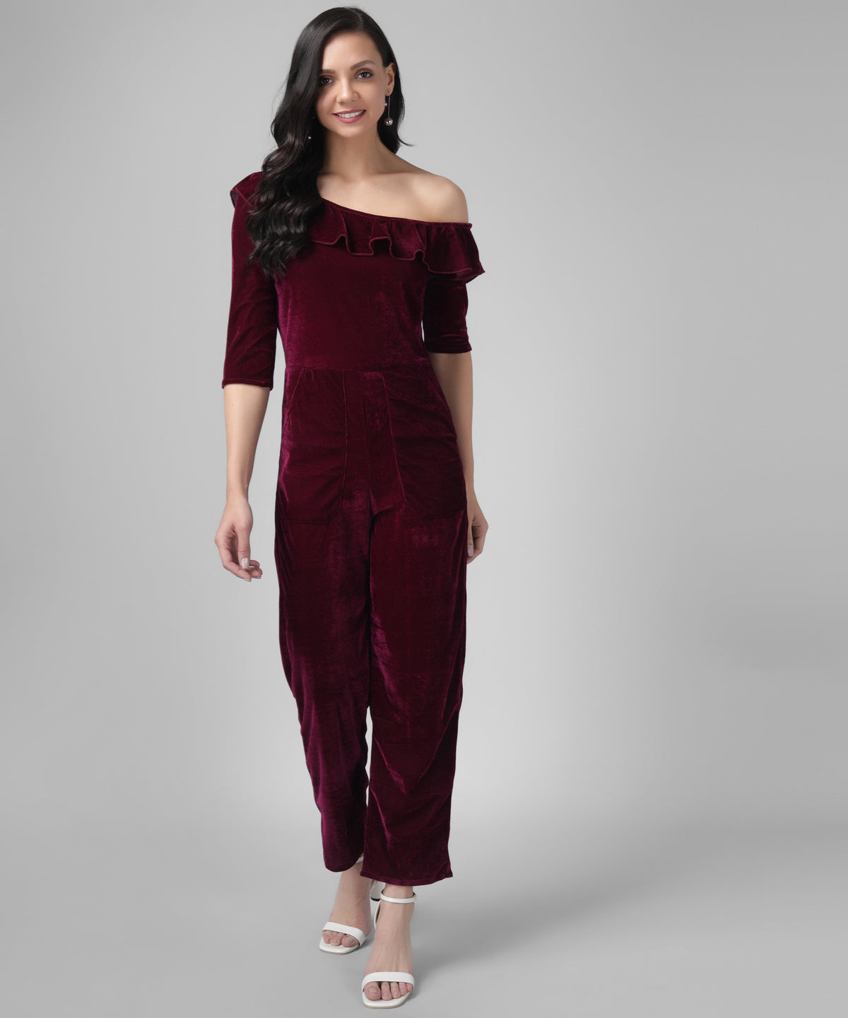 Ruffle Details One Piece One Shoulder Basic Jumpsuit Wine