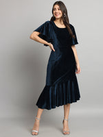 Ruffle Sleeves Fish Cut Velvet Party Dress Peacock Blue