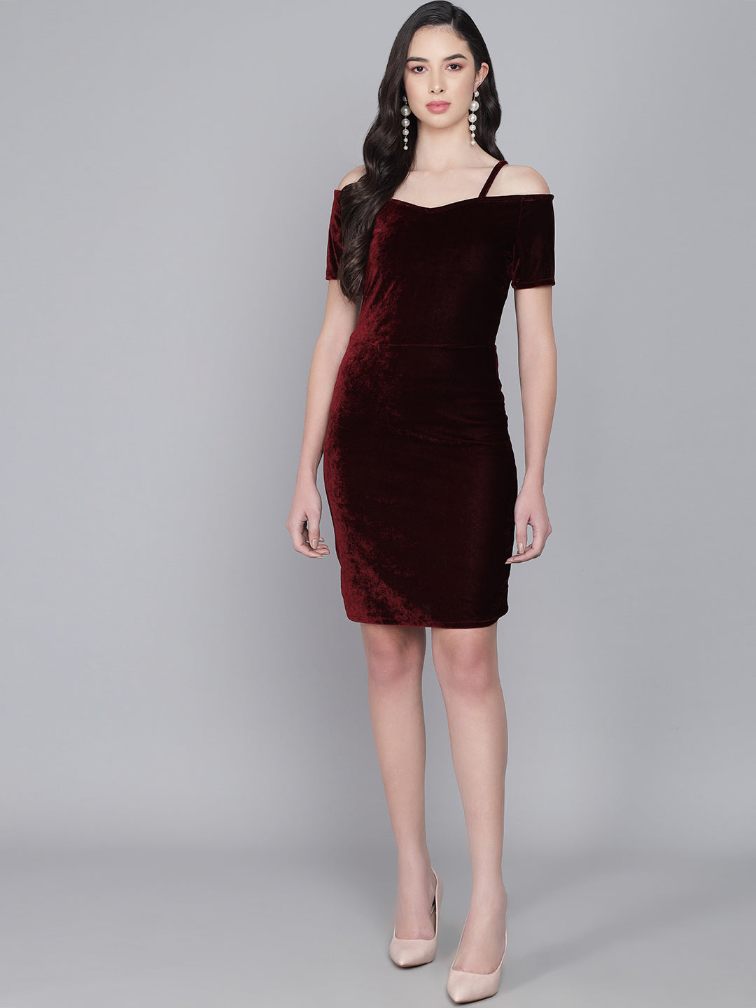 Short Sleeves Off-Shoulder Bodycon Party Women Sporty Maroon