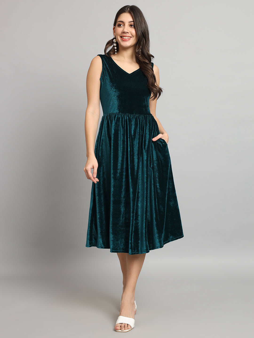 A-Line Velvet V-Neck Tops Sleeveless Party Dress Rama Green