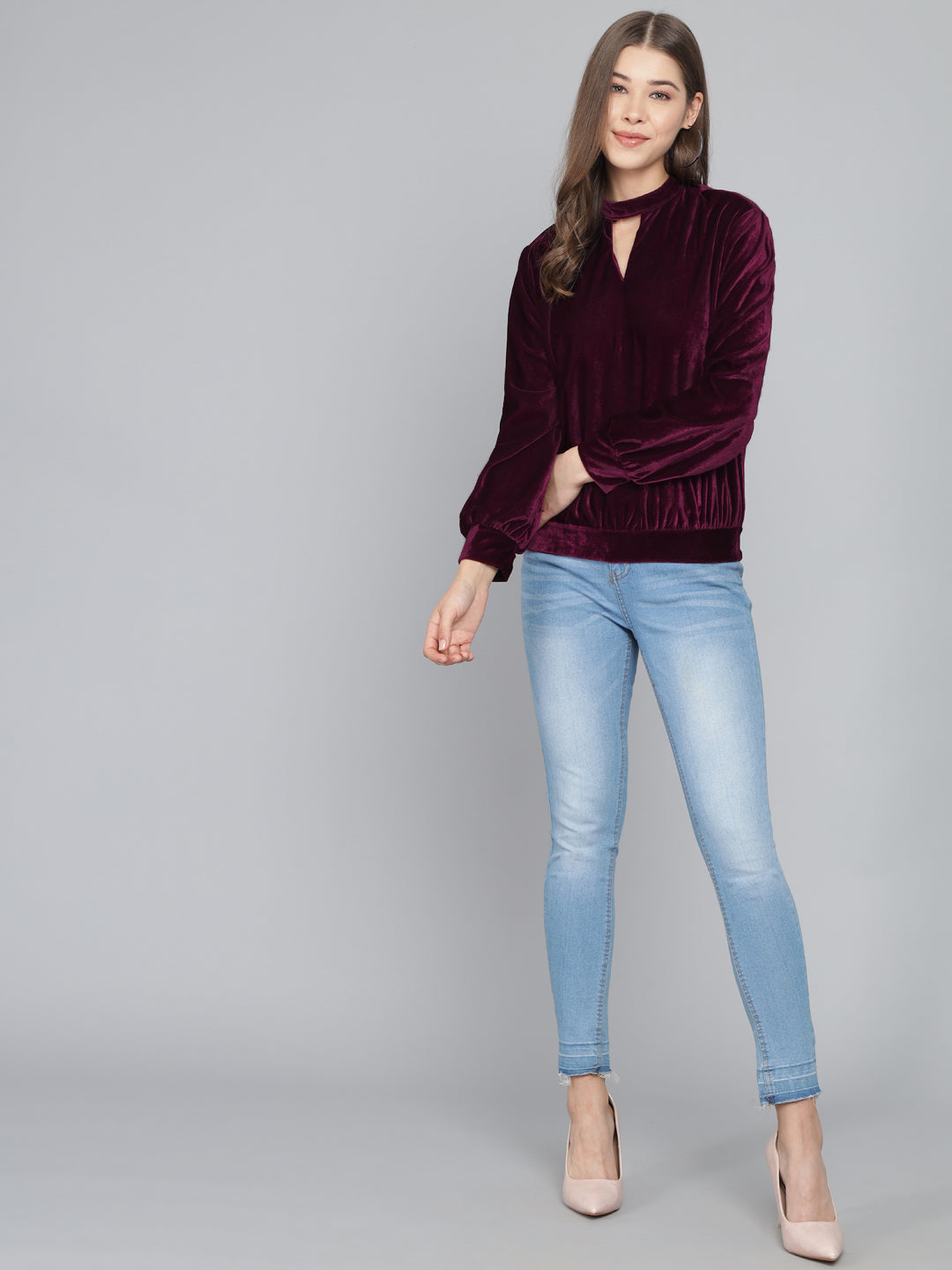 Keyhole Choker Neck Cuffed Sleeves Top Wine