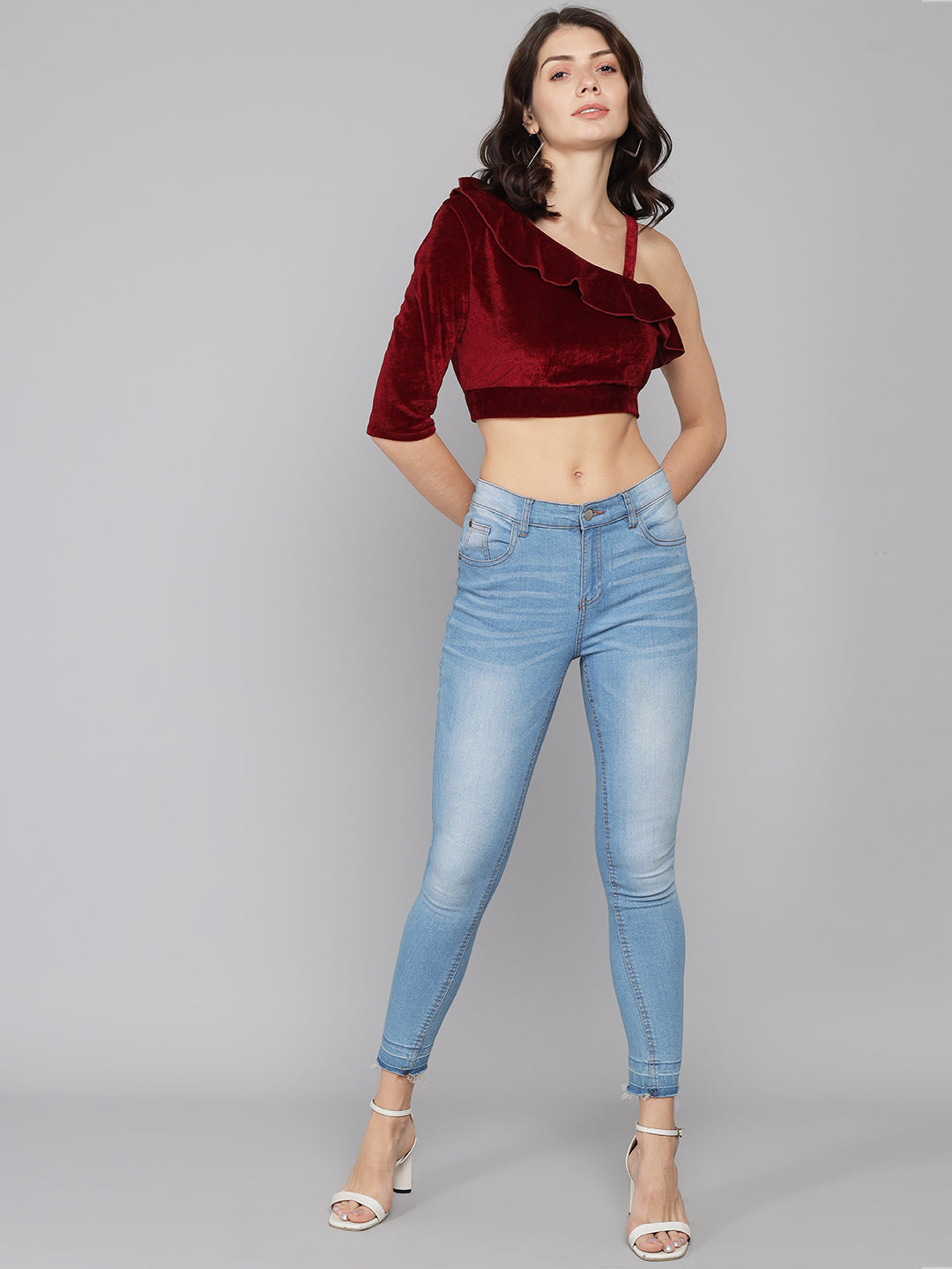 One Off Shoulder Ruffle Styling Blouse Tops Maroon