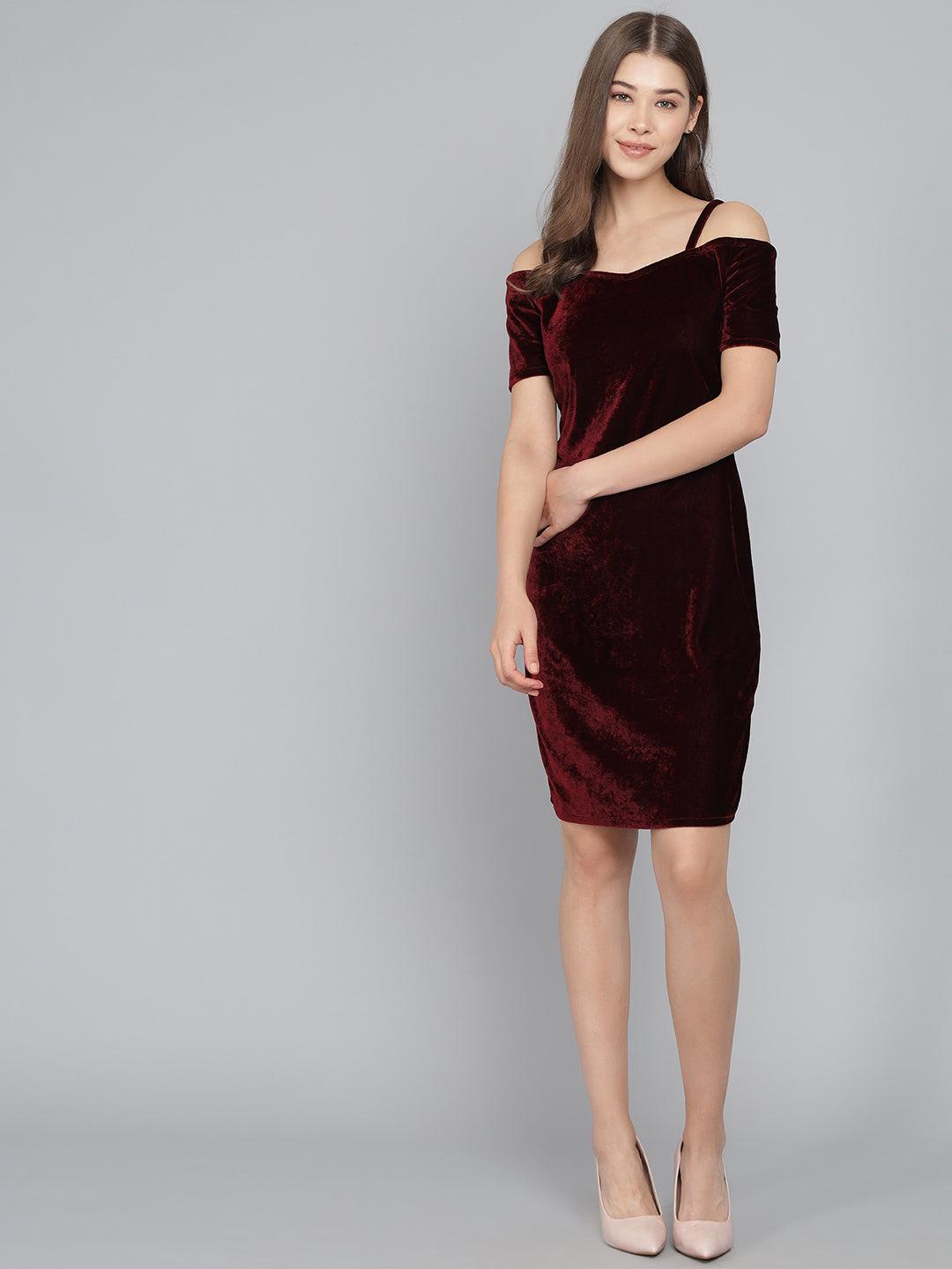 Short Sleeves Off-Shoulder Bodycon Party Women Sporty Maroon