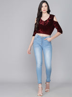 Cold Shoulder Sleeves Velvet Blouse Tops Maroon