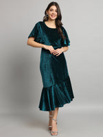 Ruffle Sleeves Fish Cut Velvet Party Dress Rama Green