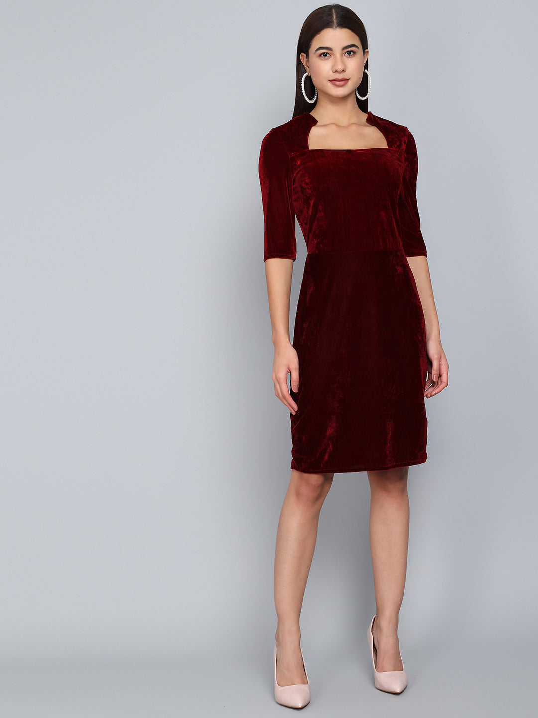 One Piece Bodycon Velvet Party Dress Sporty Maroon