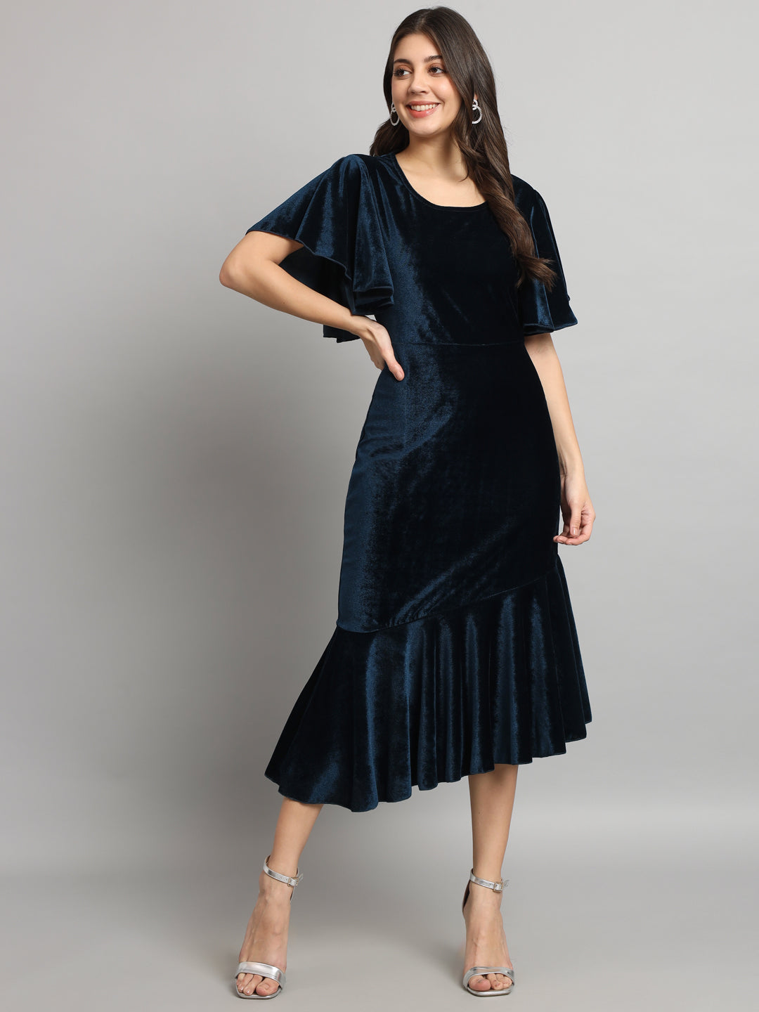 Velvet Fabric Fish Cut Ruffle Bottom Bodycon Party Midi Dress Peacock Blue