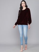 Round Neck Puff Sleeves Blouson Top Maroon