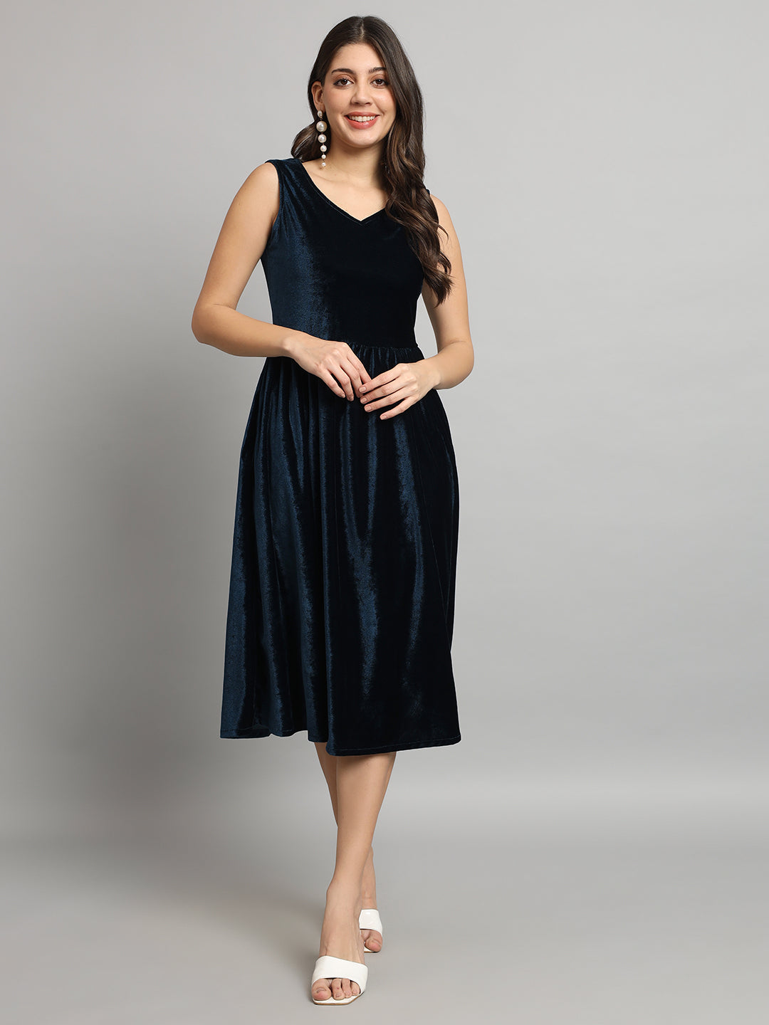 A-Line Velvet V-Neck Tops Sleeveless Party Dress Peacock Blue