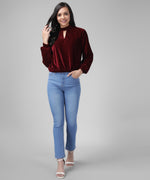 Keyhole Choker Neck Cuffed Sleeves Top Maroon