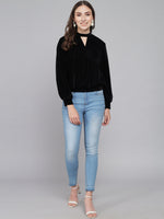 Keyhole Choker Neck Cuffed Sleeves Top Navy Blue