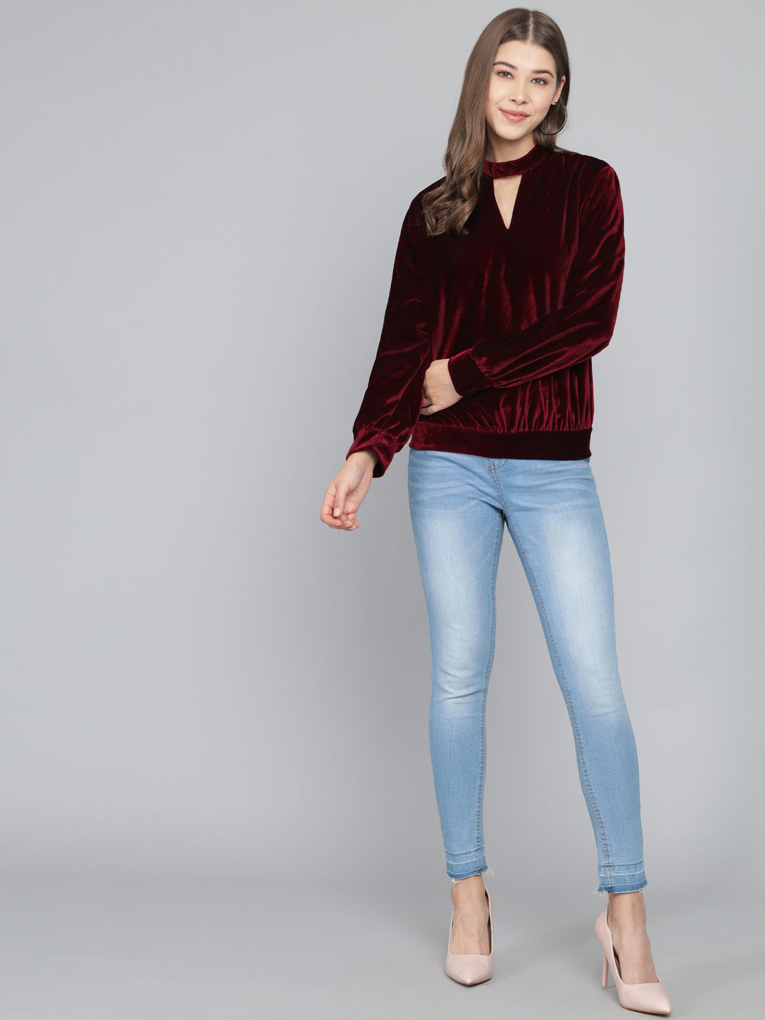 Keyhole Choker Neck Cuffed Sleeves Top Dark Maroon