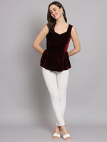 Waistline Ruffle Sleeveless Party Top Maroon