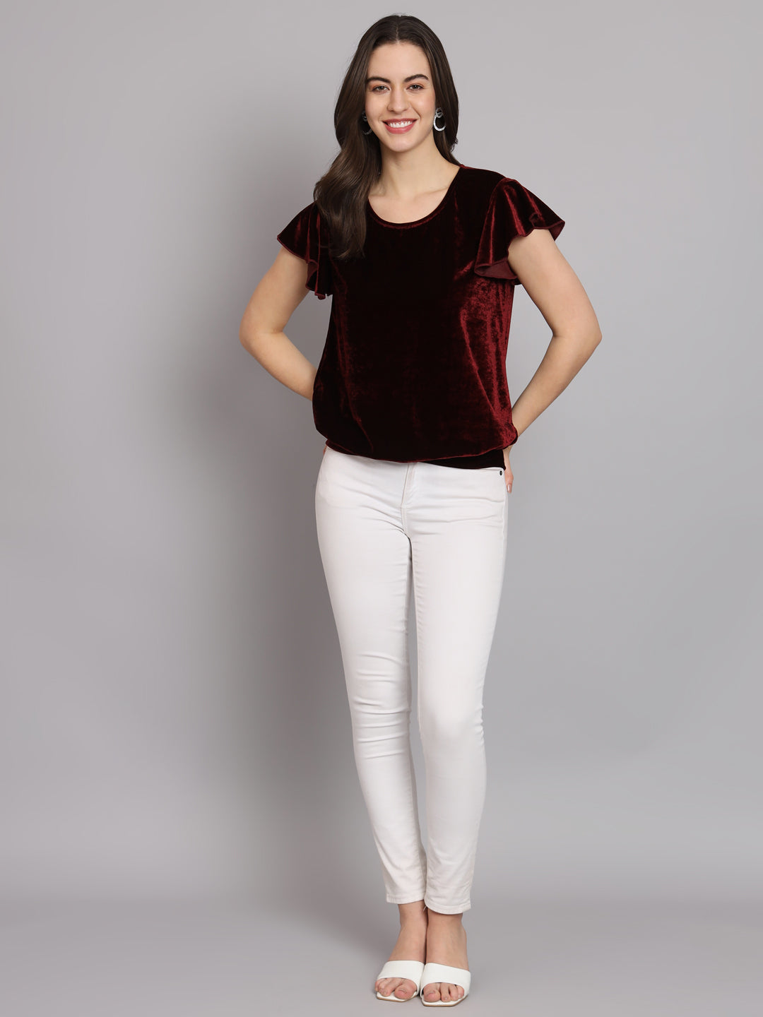 Short Sleeves Ruffles Stylish Party Top Maroon