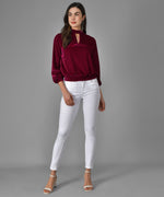 Keyhole Choker Neck Cuffed Sleeves Top Red Wine