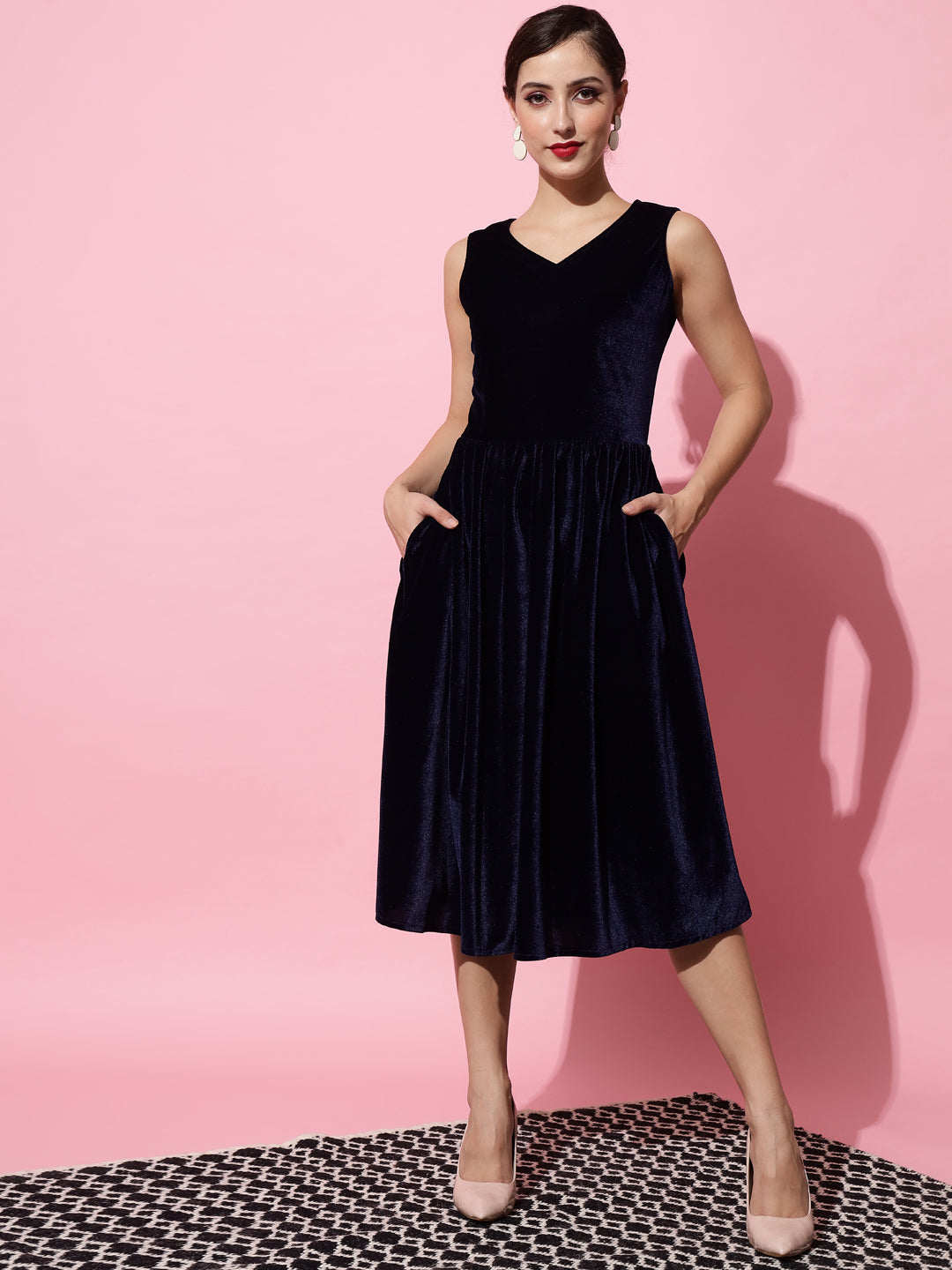 V-Neck Velvet Fit & Flare Midi Dress