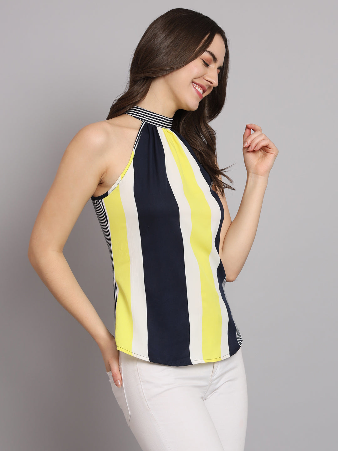 Crepe Yellow Stripes Sleeveless Top