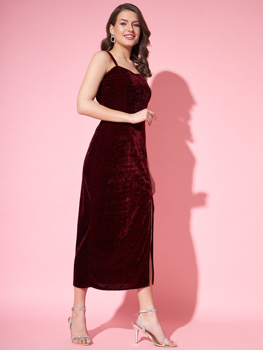 Maxi Sleeveless Velvet Square Neck Bodycon Dress Classic Maroon