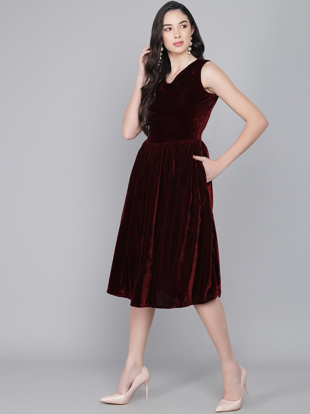 A-Line Velvet V-Neck Tops Sleeveless Party Dress Maroon