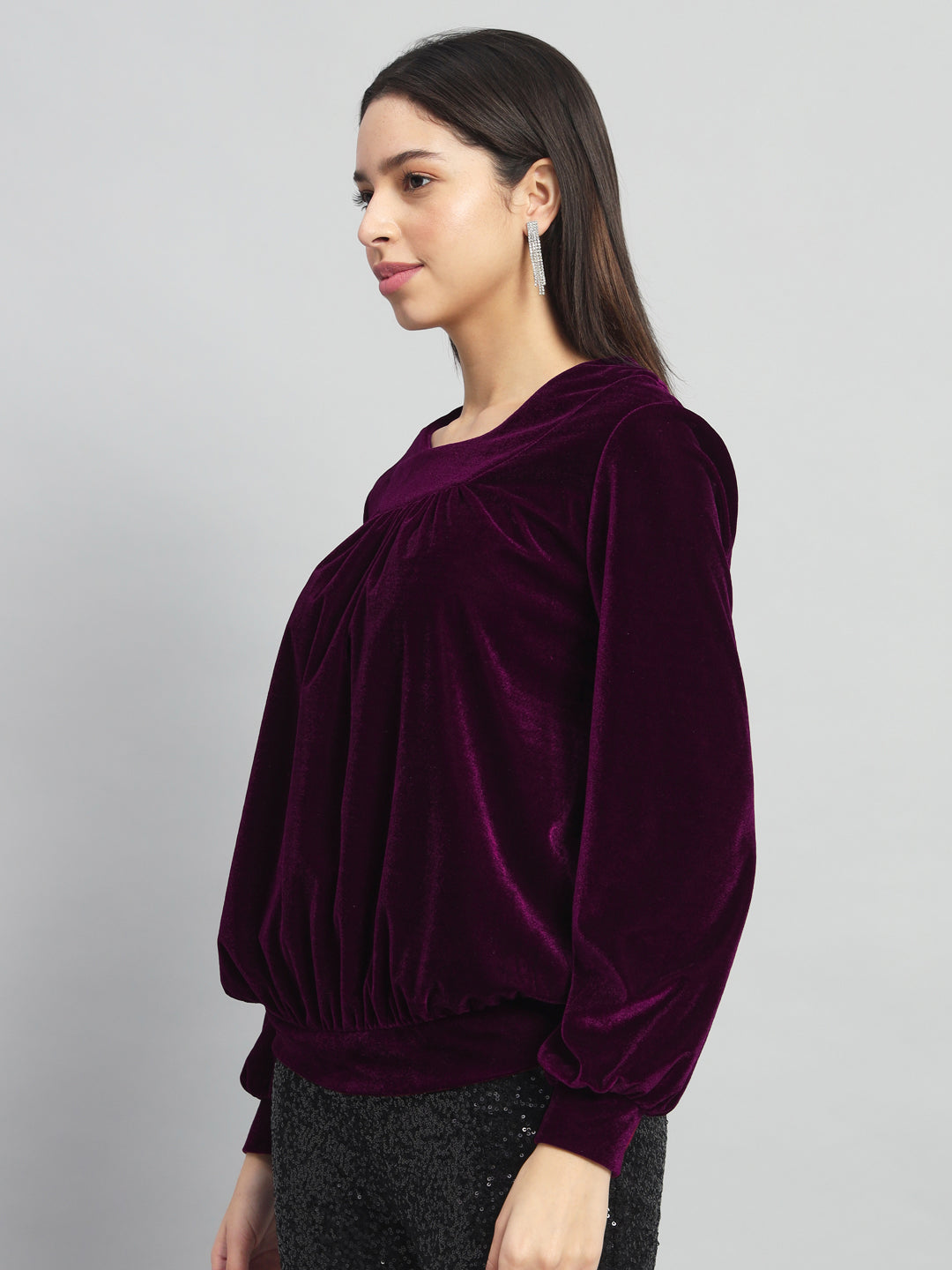 Round Neck Puff Sleeves Blouson Top Wine