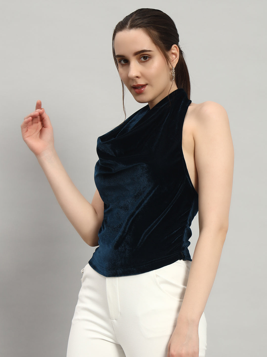 Halter Neck Top Velvet Sleeveless Party Outfit Peacock Blue