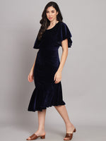 Velvet Fabric Fish Cut Ruffle Bottom Bodycon Party Midi Dress Navy Blue