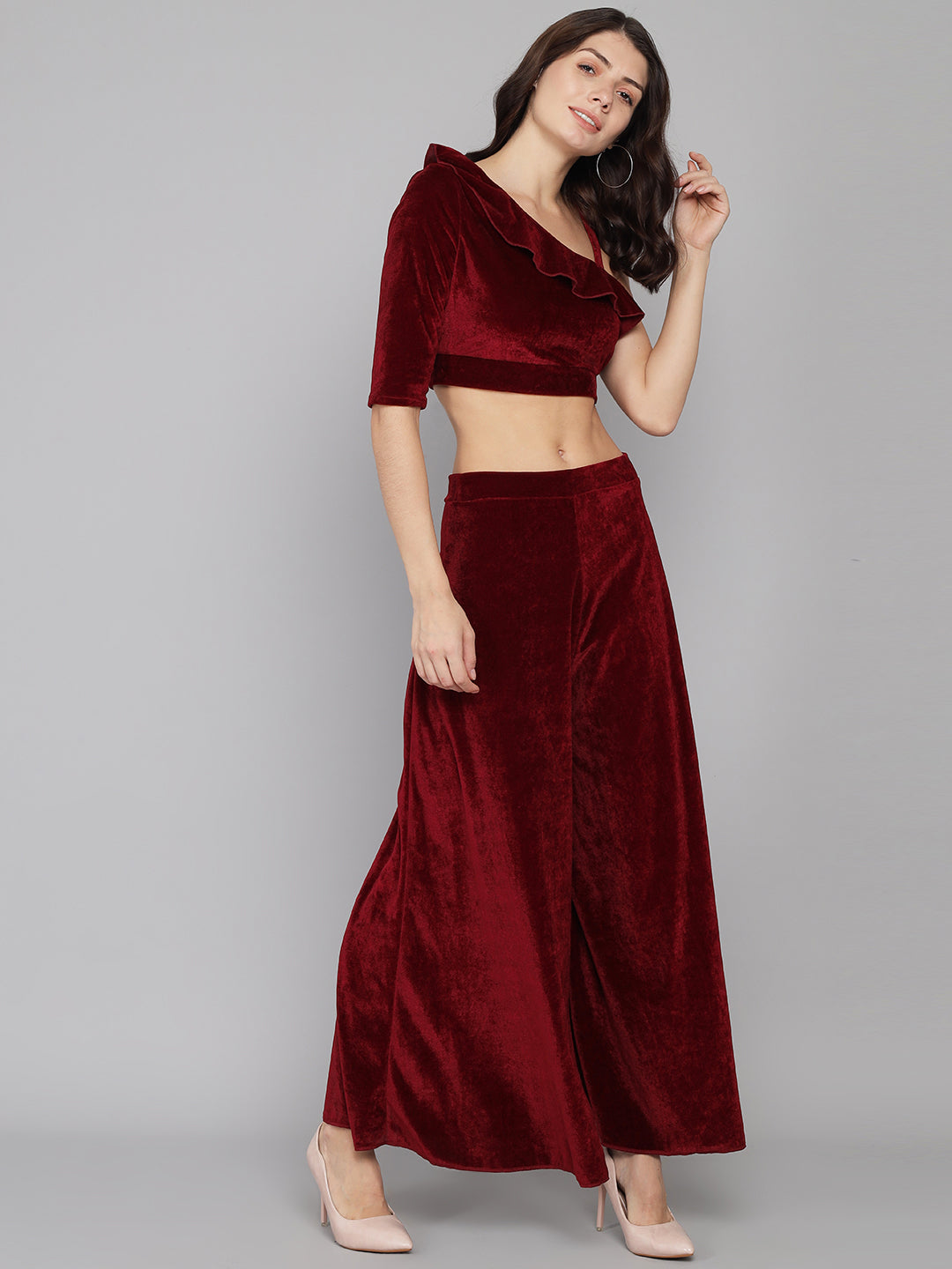 One Sleeve Crop Top with Palazzo Party Co-Ord Set Dark Maroon