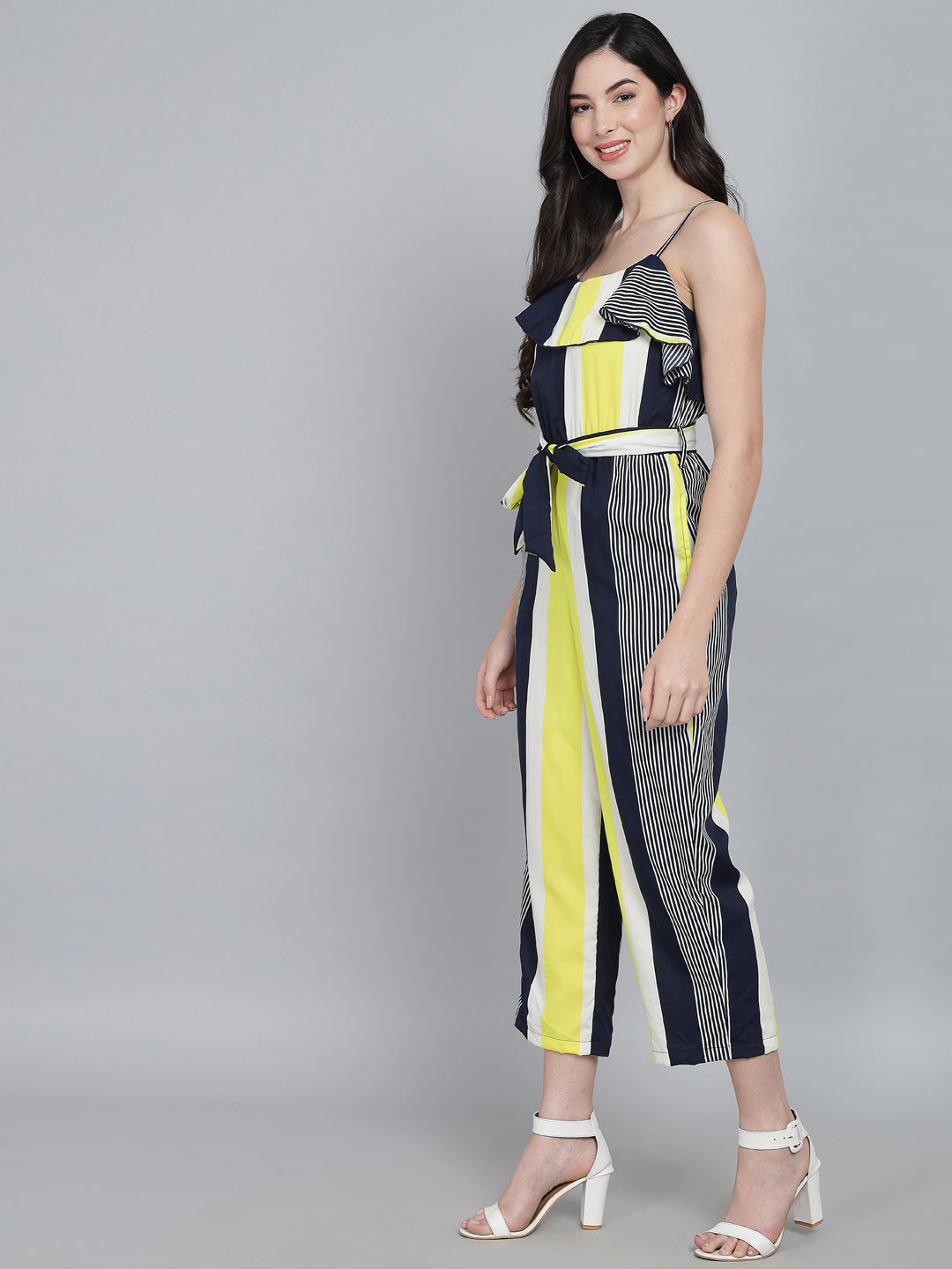 Striped Shoulder Straps Ruffles Cotton Basic Jumpsuit