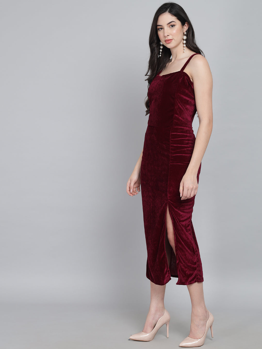 Maxi Sleeveless Velvet Square Neck Bodycon Dress Wine