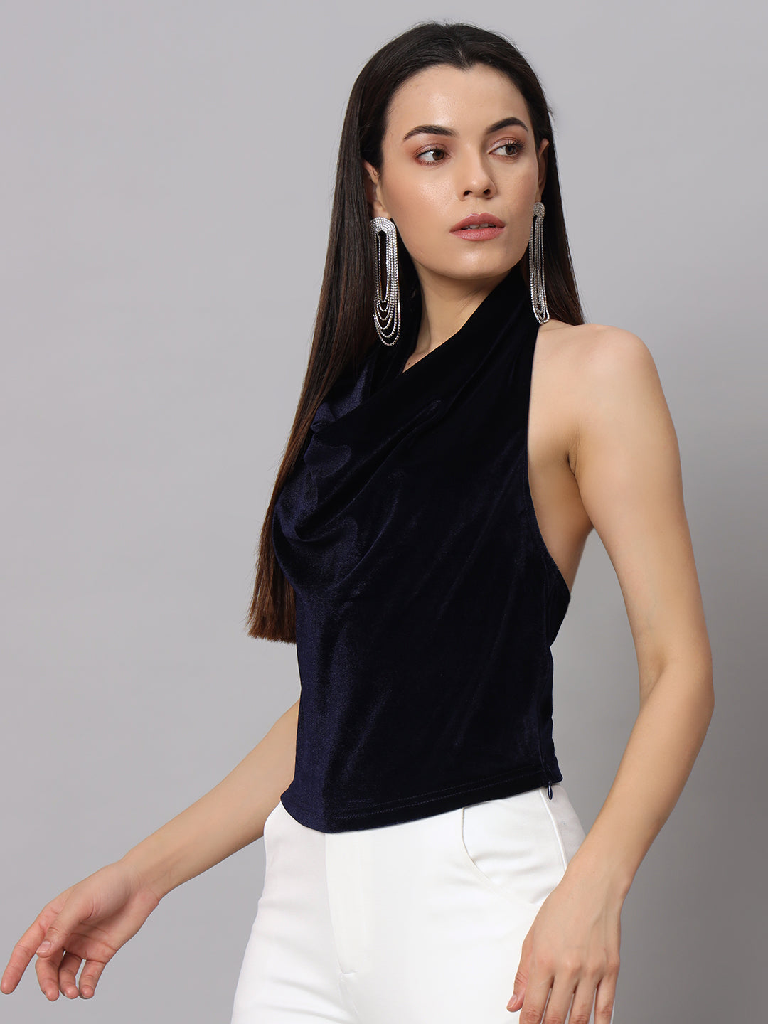 Halter Neck Top Velvet Sleeveless Party Outfit Black