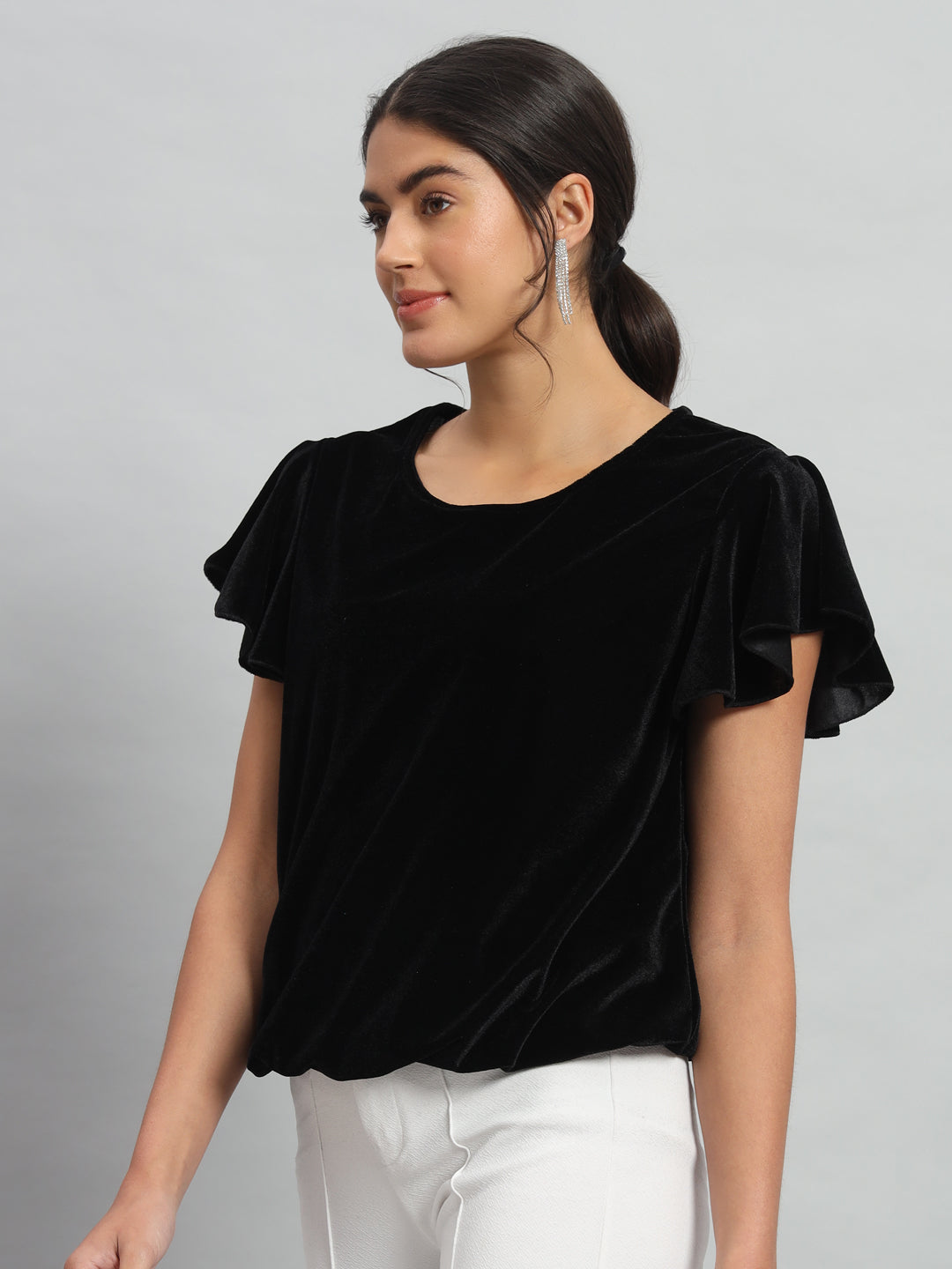 Short Sleeves Ruffles Stylish Party Top Black