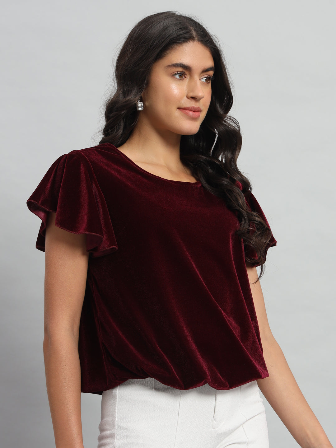 Short Sleeves Ruffles Stylish Party Top Wine