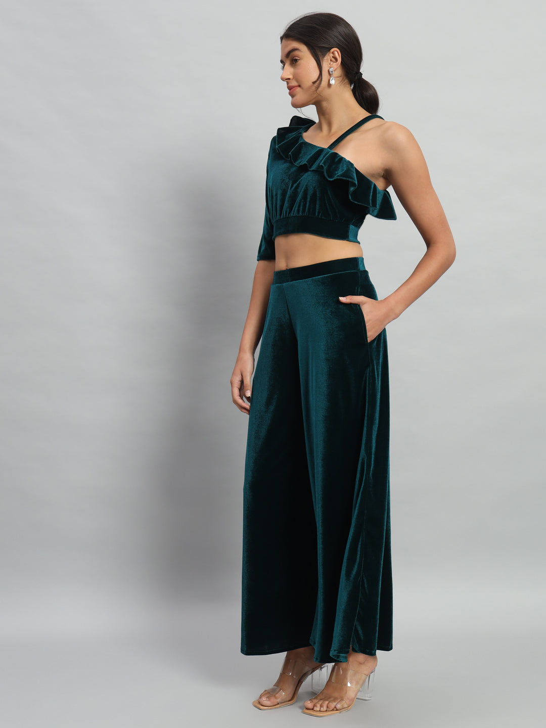 One Sleeve Crop Top with Palazzo Party Co-Ord Set Black